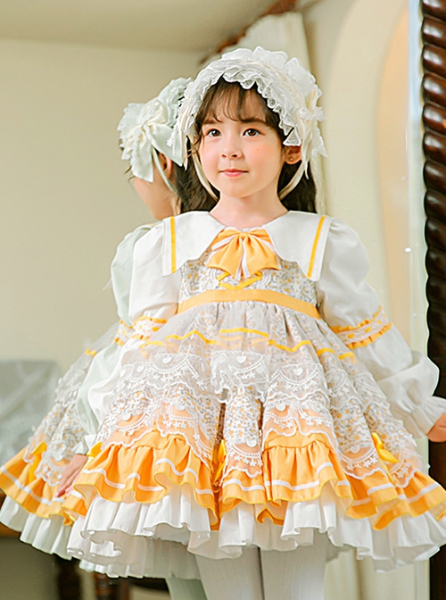 Yellow White Lapel Stitching Floral Lace Lantern Sleeve Princess Dress Autumn Classic Lolita Kids Long-Sleeved Dress