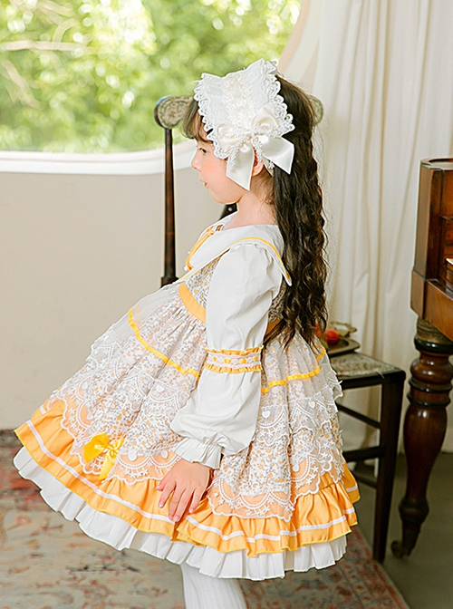 Yellow White Lapel Stitching Floral Lace Lantern Sleeve Princess Dress Autumn Classic Lolita Kids Long-Sleeved Dress