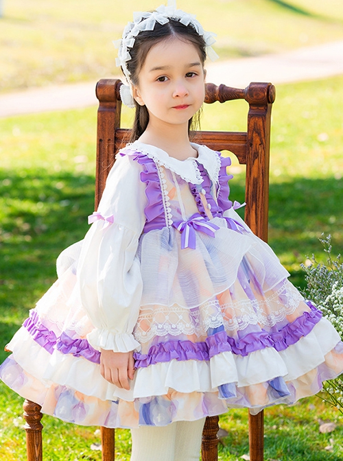 White Lace Lapel Floral Print Puff Sleeve Spring Classic Lolita Kids Long-Sleeved Dress