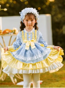 Yellow Blue White Color Matching Lantern Sleeves Ruffle Hem Bow-Knot Decoration Spring Autumn Princess Dress Classic Lolita Kids Long-Sleeved Dress