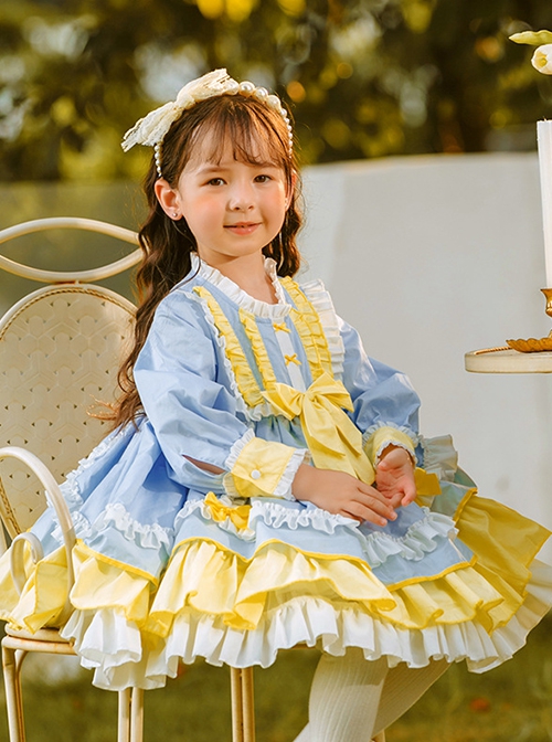 Yellow Blue White Color Matching Lantern Sleeves Ruffle Hem Bow-Knot Decoration Spring Autumn Princess Dress Classic Lolita Kids Long-Sleeved Dress