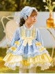 Yellow Blue White Color Matching Lantern Sleeves Ruffle Hem Bow-Knot Decoration Spring Autumn Princess Dress Classic Lolita Kids Long-Sleeved Dress