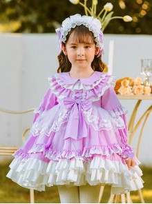 Cute Lapel Lace Stitching Lantern Sleeve Lace Ruffle Hem Spring Autumn Classic Lolita Kids Long-Sleeved Dress