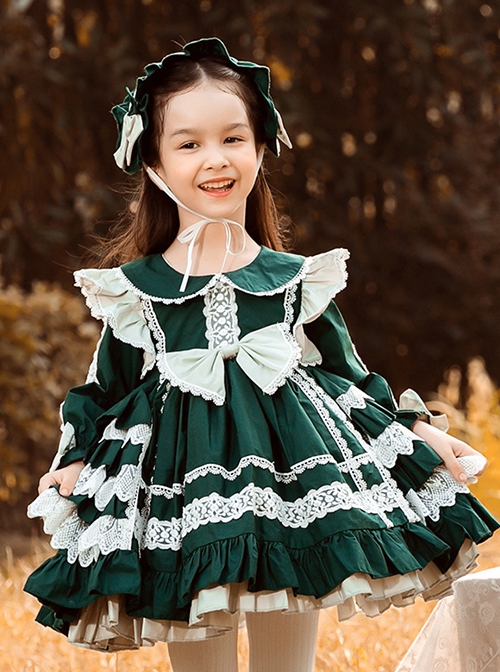 Cute Round Lapel Multi-Layered Lace Ruffle Hem Design Green Autumn Winter Classic Lolita Kids Long-Sleeved Dress