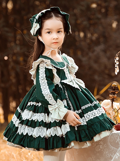 Cute Round Lapel Multi-Layered Lace Ruffle Hem Design Green Autumn Winter Classic Lolita Kids Long-Sleeved Dress