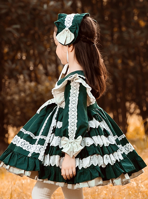 Cute Round Lapel Multi-Layered Lace Ruffle Hem Design Green Autumn Winter Classic Lolita Kids Long-Sleeved Dress