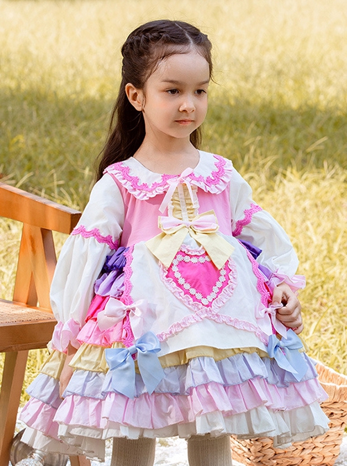 Candy Colorful Lapel Bow-Knot Decoration Cute Spring Autumn Sweet Lolita Kids Long-Sleeved Dress