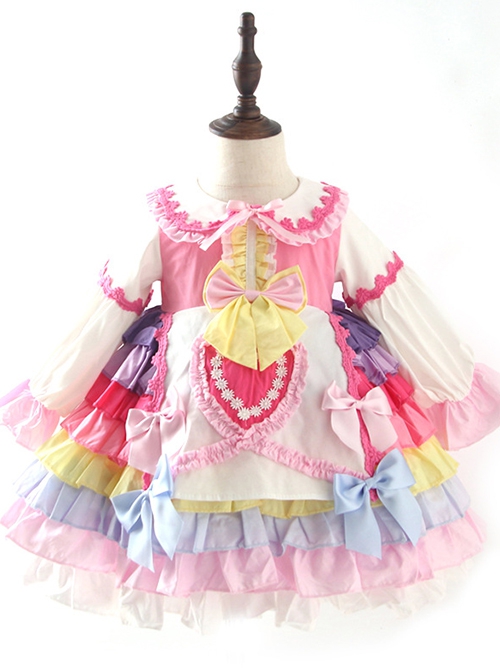 Candy Colorful Lapel Bow-Knot Decoration Cute Spring Autumn Sweet Lolita Kids Long-Sleeved Dress