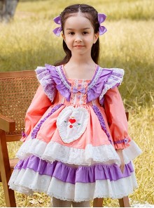 Spring Autumn Sweet Purple Pink Stitching Lace Love Embroidery Classic Lolita Kids Long-Sleeved Dress