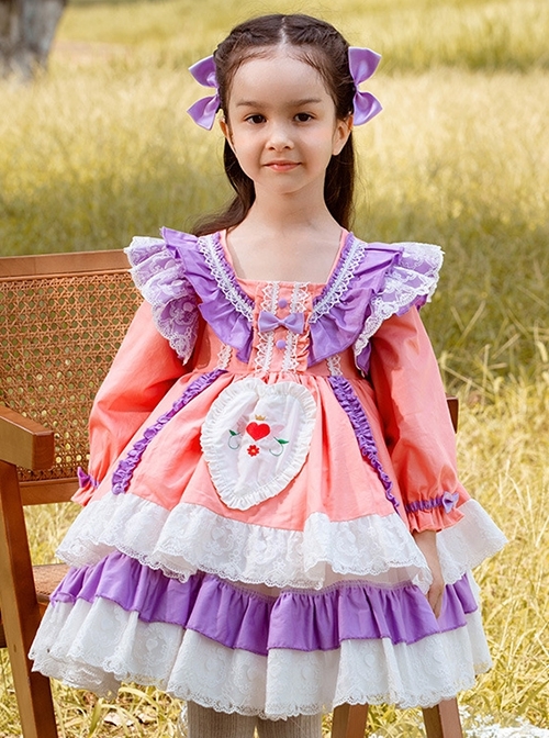Spring Autumn Sweet Purple Pink Stitching Lace Love Embroidery Classic Lolita Kids Long-Sleeved Dress
