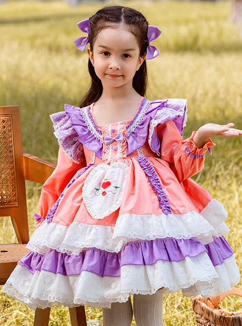 Spring Autumn Sweet Purple Pink Stitching Lace Love Embroidery Classic Lolita Kids Long-Sleeved Dress