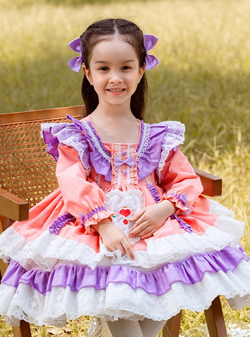 Spring Autumn Sweet Purple Pink Stitching Lace Love Embroidery Classic Lolita Kids Long-Sleeved Dress