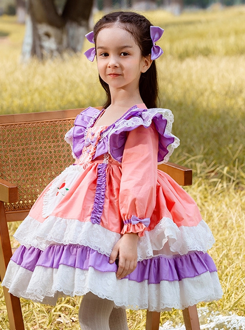 Spring Autumn Sweet Purple Pink Stitching Lace Love Embroidery Classic Lolita Kids Long-Sleeved Dress