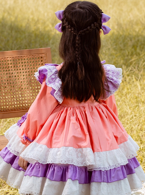 Spring Autumn Sweet Purple Pink Stitching Lace Love Embroidery Classic Lolita Kids Long-Sleeved Dress