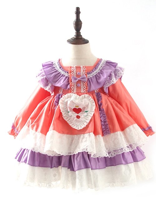 Spring Autumn Sweet Purple Pink Stitching Lace Love Embroidery Classic Lolita Kids Long-Sleeved Dress