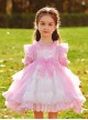 Pink Round Neck Tie Lace Fairy Ribbon Bow-Knot Sweet Lolita Kids Short-Sleeved Dress