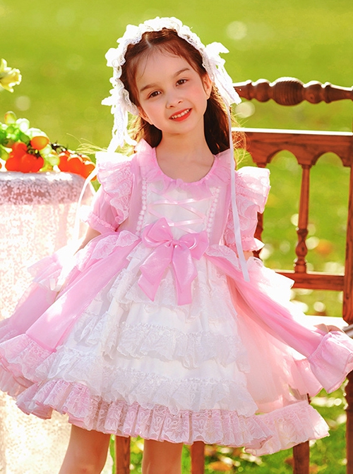 Pink Round Neck Tie Lace Fairy Ribbon Bow-Knot Sweet Lolita Kids Short-Sleeved Dress