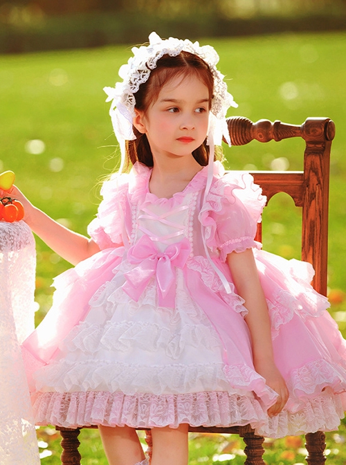 Pink Round Neck Tie Lace Fairy Ribbon Bow-Knot Sweet Lolita Kids Short-Sleeved Dress