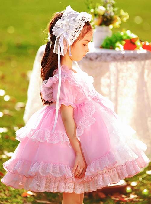 Pink Round Neck Tie Lace Fairy Ribbon Bow-Knot Sweet Lolita Kids Short-Sleeved Dress