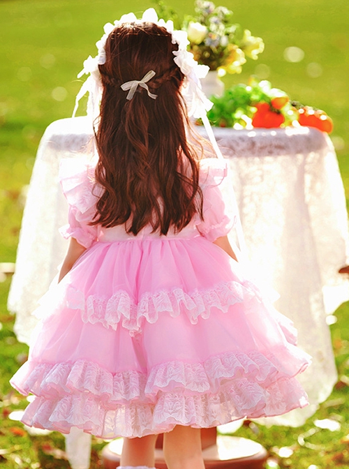 Pink Round Neck Tie Lace Fairy Ribbon Bow-Knot Sweet Lolita Kids Short-Sleeved Dress