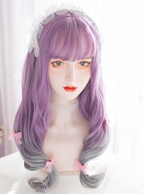 Purple Gray Gradient Neat Bangs Long Curly Hair Classic Lolita Wig