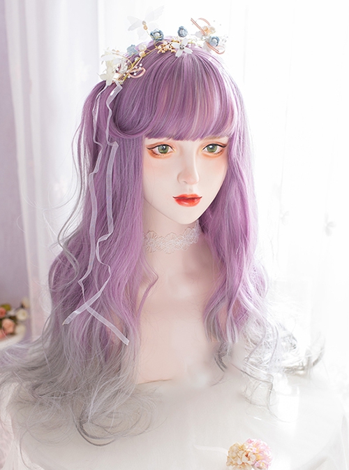 Purple Gray Gradient Neat Bangs Long Curly Hair Classic Lolita Wig