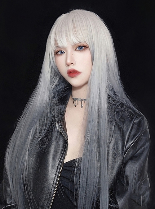 Silver Gray Blue Gradient Cool Fashion Long Straight Hair Natural Punk Lolita Wig