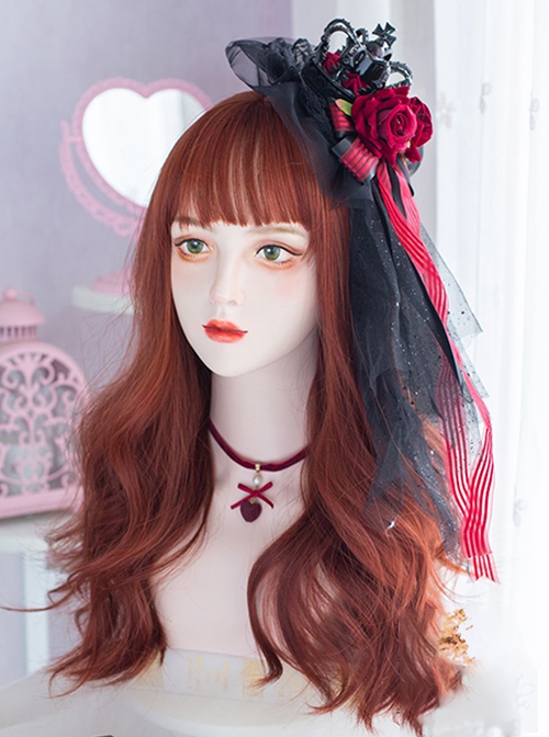 Red Brown Maple Leaf Color Daily Natural Qi Bangs Long Curly Hair Classic Lolita Wig