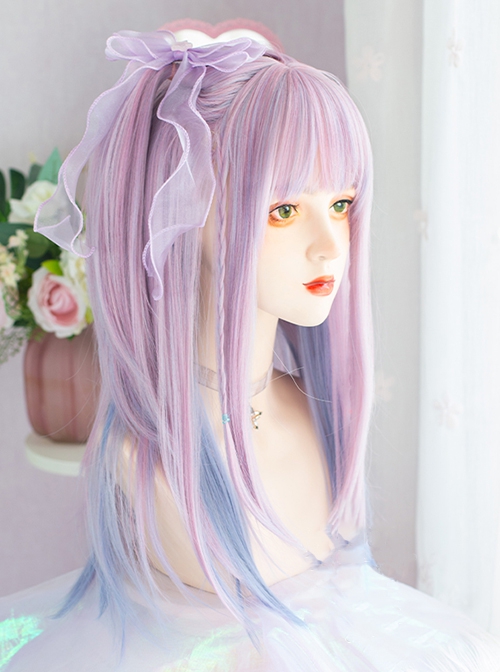 Purple Aqua Blue Hanging Ear Dye Cool Two-Dimensional Girl Long Straight Hair Classic Lolita Wig