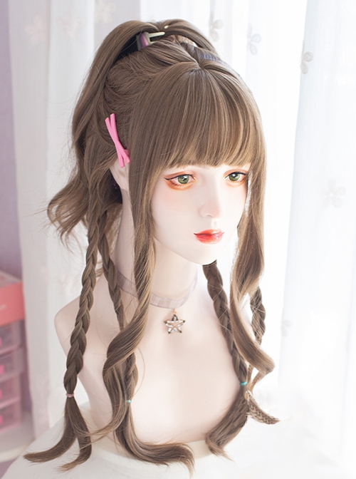 Gray Brown Natural Simulation Girl Fashion Qi Bangs Long Curly Hair Classic Lolita Wig