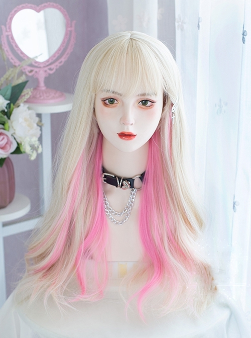White Golden Pink Hanging Ear Dye Daily Sweet Cool Long Curly Hair Classic Lolita Wig