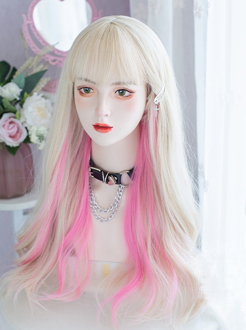 White Golden Pink Hanging Ear Dye Daily Sweet Cool Long Curly Hair Classic Lolita Wig