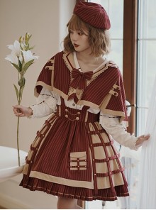 Retro Detective Style Cute Striped Pleated Skirt Shirt Short Cloak School Lolita Long-Sleeved Shirt Skirt Suit