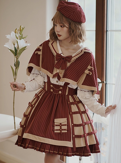 Retro Detective Style Cute Striped Pleated Skirt Shirt Short Cloak School Lolita Long-Sleeved Shirt Skirt Suit