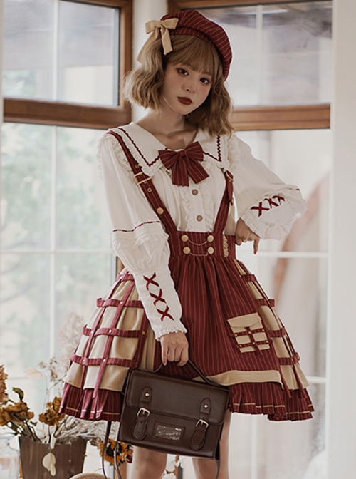 Retro Detective Style Cute Striped Pleated Skirt Shirt Short Cloak School Lolita Long-Sleeved Shirt Skirt Suit