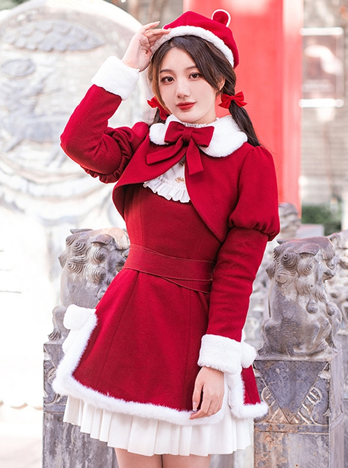 Nian Series Imitation Rabbit Fur Fur Collar Bow-Knot Decoration Winter Short Coat Classic Lolita Long-Sleeved Coat