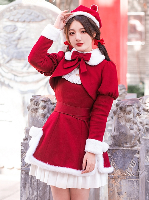 White Plush Round Neck Plush Bow-Knot Slit Hem Design Winter Classic Lolita Sleeveless Dress