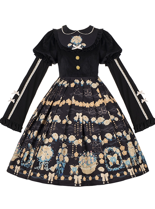 Flower Court Series Cute Sweet Doll Collar Puff Sleeve Floral Print Winter Classic Lolita Long-Sleeved Dress