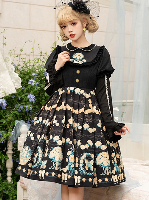 Flower Court Series Cute Sweet Doll Collar Puff Sleeve Floral Print Winter Classic Lolita Long-Sleeved Dress