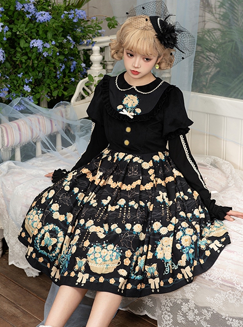 Flower Court Series Cute Sweet Doll Collar Puff Sleeve Floral Print Winter Classic Lolita Long-Sleeved Dress
