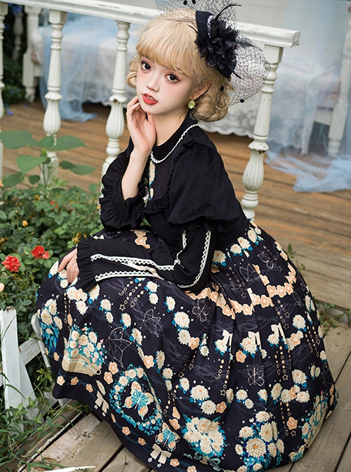 Flower Court Series Cute Sweet Doll Collar Puff Sleeve Floral Print Winter Classic Lolita Long-Sleeved Dress