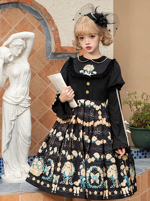 Flower Court Series Cute Sweet Doll Collar Puff Sleeve Floral Print Winter Classic Lolita Long-Sleeved Dress