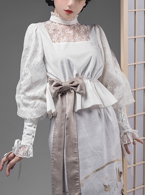 Mufeng Series Autumn Winter Stand-Up Collar Lace Stitching Leg Of Lamb Sleeves Design Classic Lolita Long-Sleeved Shirt
