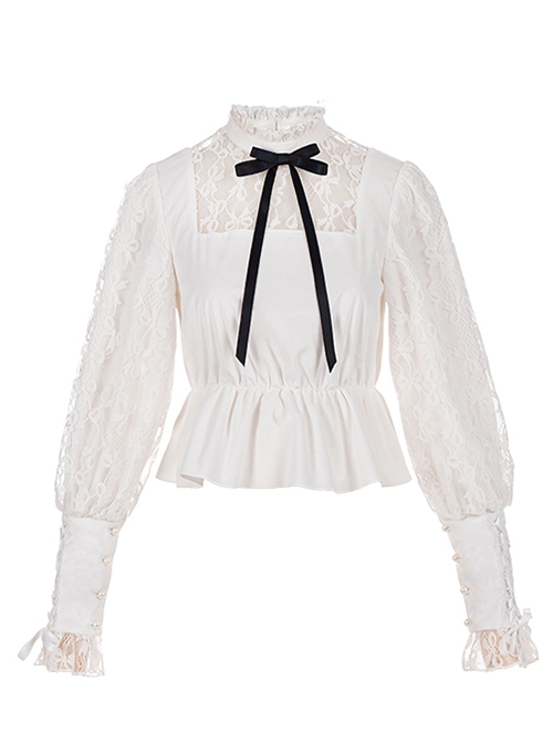 Mufeng Series Spring Stand-Up Collar Lace Stitching Leg Of Lamb Sleeves Design Classic Lolita Long-Sleeved Shirt