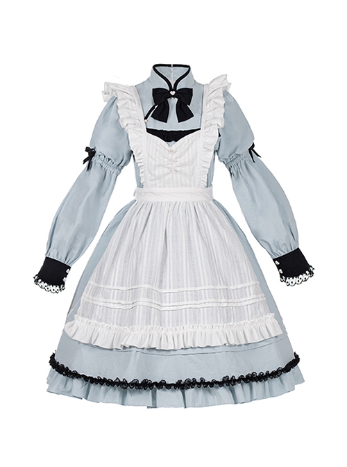 Chinese Style Stand Collar Bow-Knot Decoration White Pure Cotton Apron Black Lace Embellishment Classic Lolita Long-Sleeved Dress