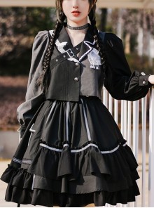 Black Gray Color Matching Asymmetric Reflective Strip Skirt Hem Design Lantern Sleeve Top Punk Lolita Top Skirt Suit