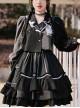 Black Gray Color Matching Asymmetric Reflective Strip Skirt Hem Design Lantern Sleeve Top Punk Lolita Top Skirt Suit