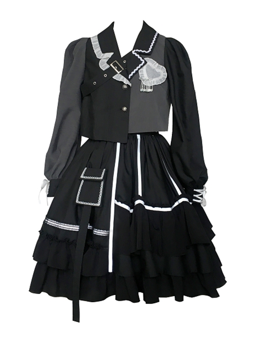 Black Gray Color Matching Asymmetric Reflective Strip Skirt Hem Design Lantern Sleeve Top Punk Lolita Top Skirt Suit