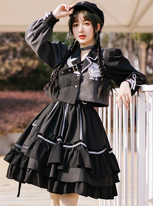 Black Gray Color Matching Asymmetric Reflective Strip Skirt Hem Design Lantern Sleeve Top Punk Lolita Top Skirt Suit