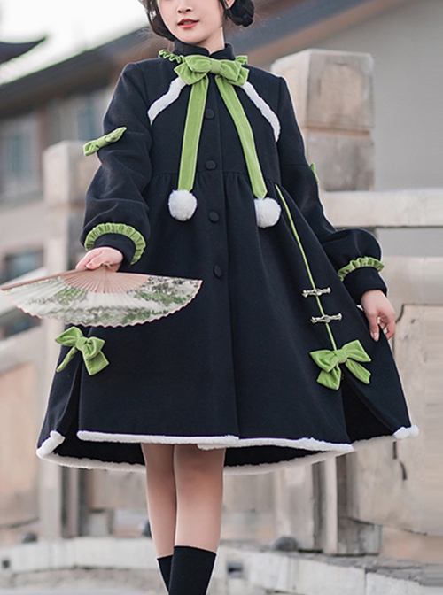 Chinese Style Stand Collar Green Lace Bow-Knot Decoration Age Reduction Winter Warm Classic Lolita Long-Sleeved Coat